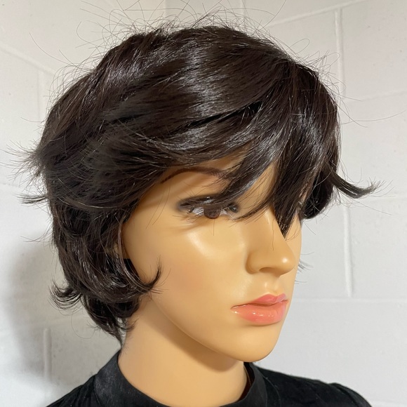 NWT 9” BROWNBLACK almost black darkest brown short side part natural unisex wig - Picture 11 of 16